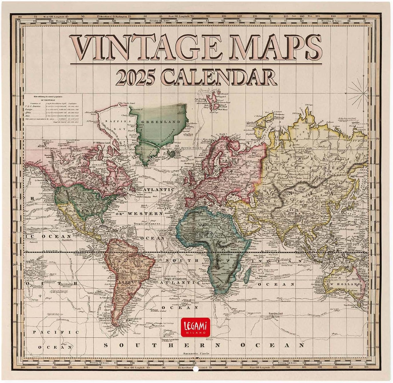 Calendario 2025 Mensual Pared 12M - Vintage Maps