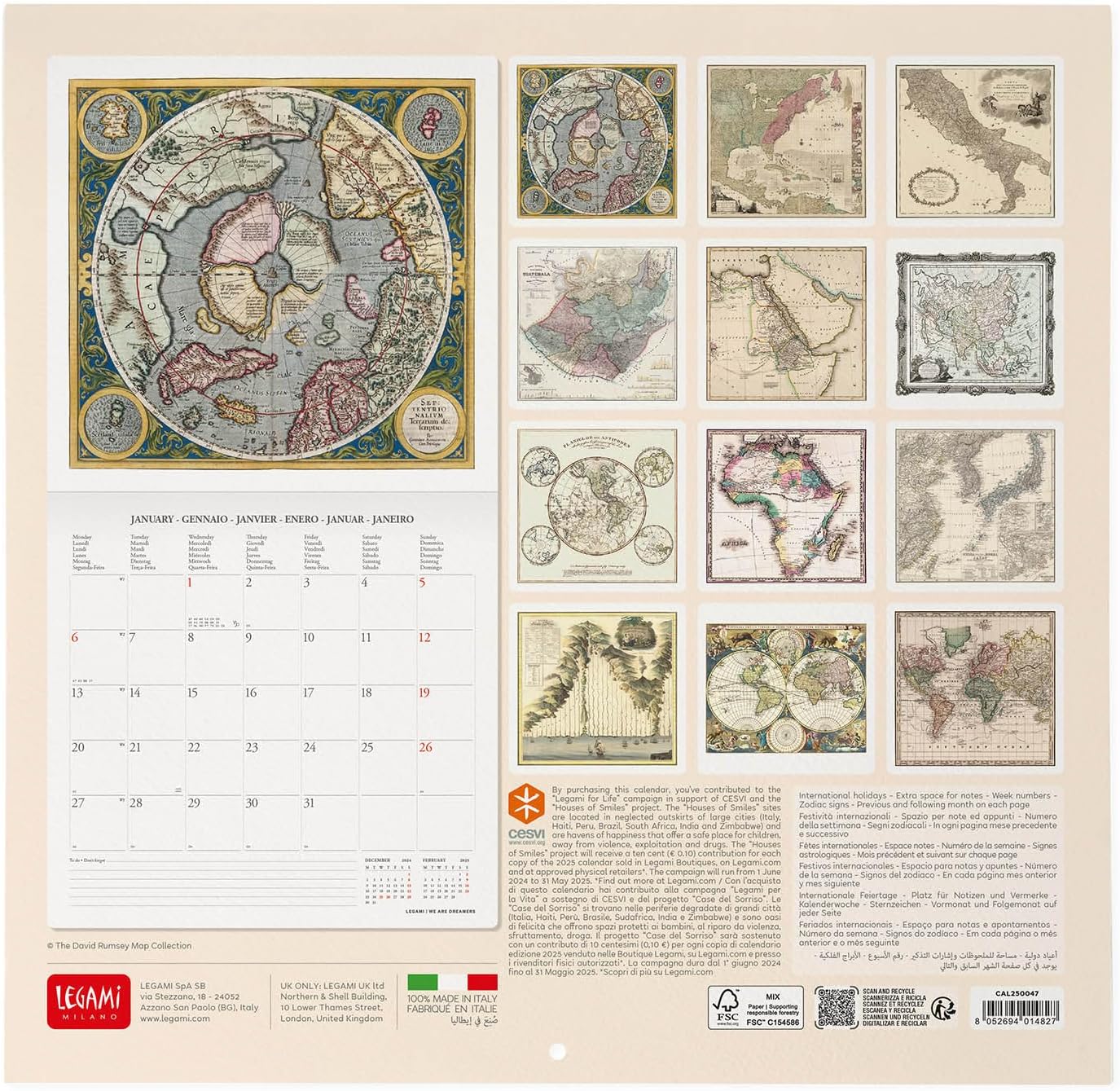 Calendario 2025 Mensual Pared 12M - Vintage Maps