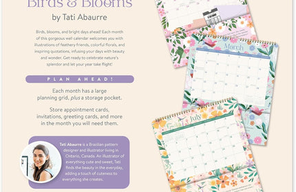 Calendario 2026 12M Con Bolsillos - Pájaros y Flores