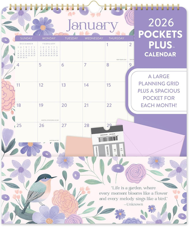 Calendario 2026 12M Con Bolsillos - Pájaros y Flores