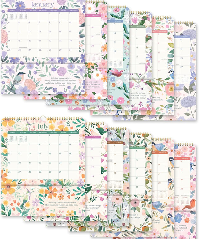 Calendario 2026 12M Con Bolsillos - Pájaros y Flores