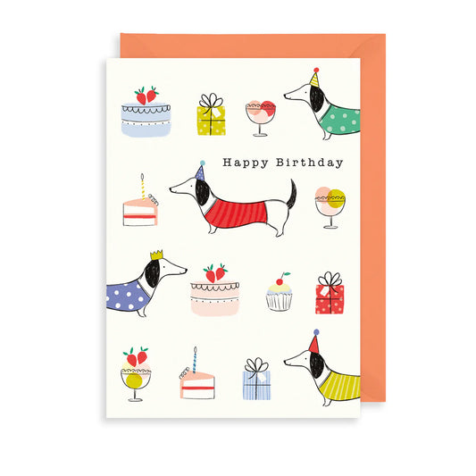 Tarjeta con Sobre Cumpleaños - Perros Salchicha y Torta