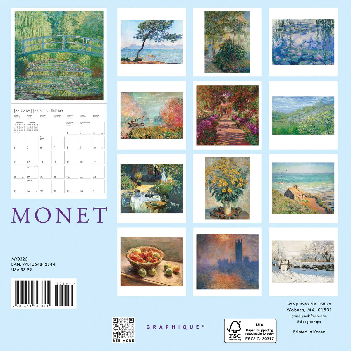 Calendario 2026 Pared Mini 12M - Monet